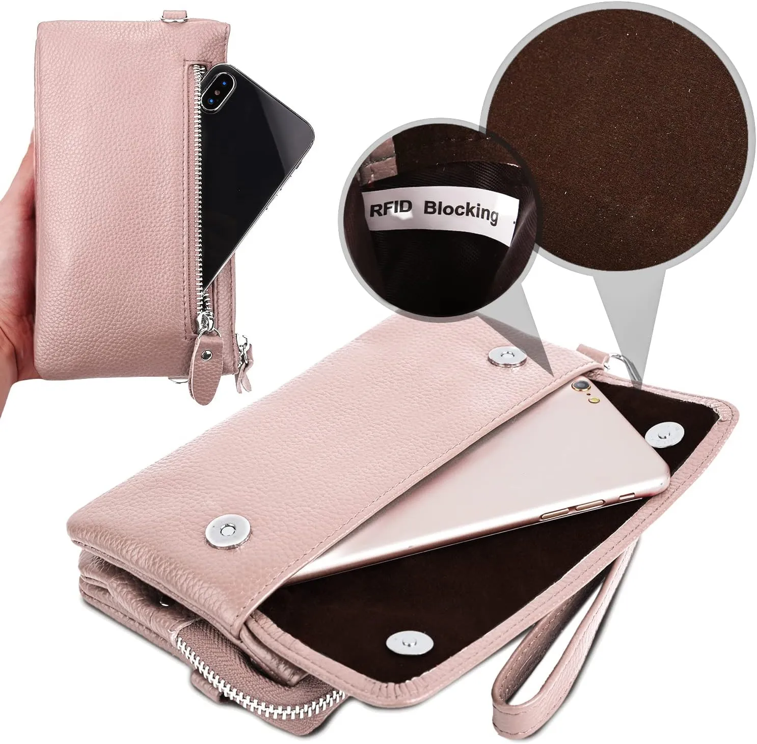 YALUXE Real Leather Wristlet Clutch Handbag Crossbody Bag Cellphone Purse RFID Blocking