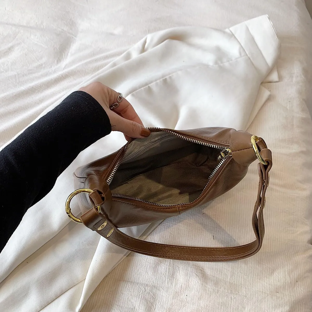 YFGBCX Small Crescent Shoulder Bag for Women - Fall Bag Red Retro Solid Color Half Moon Purse