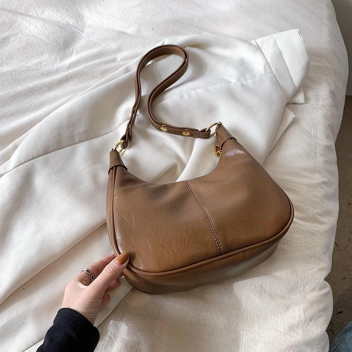 YFGBCX Small Crescent Shoulder Bag for Women - Fall Bag Red Retro Solid Color Half Moon Purse
