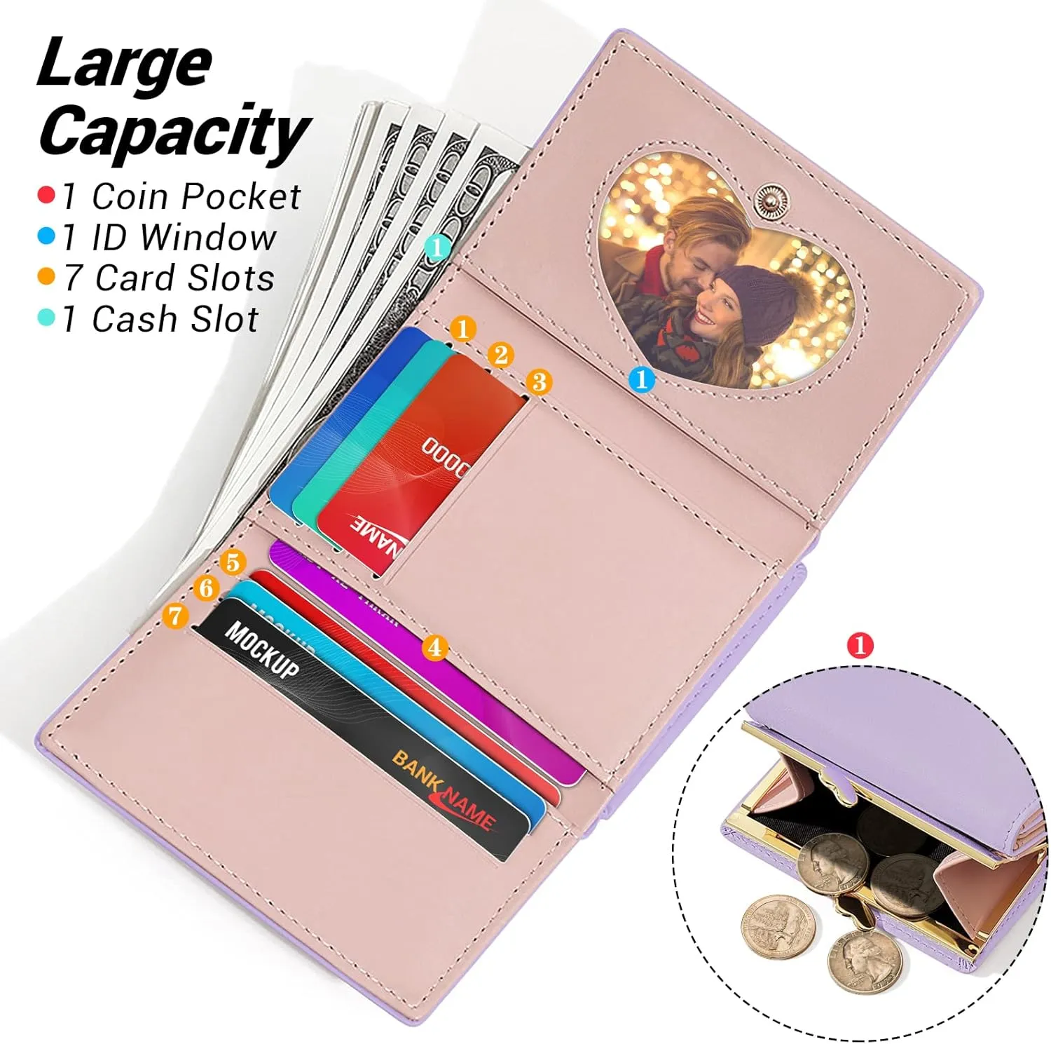 YINHEXI Women's Wallet, Lavender, Faux Leather, Water Resistant, Small Bifold with 7 Card Slots, 1 Cash Slot, 1 ID Window, 4.2" x 3" x 1.2"