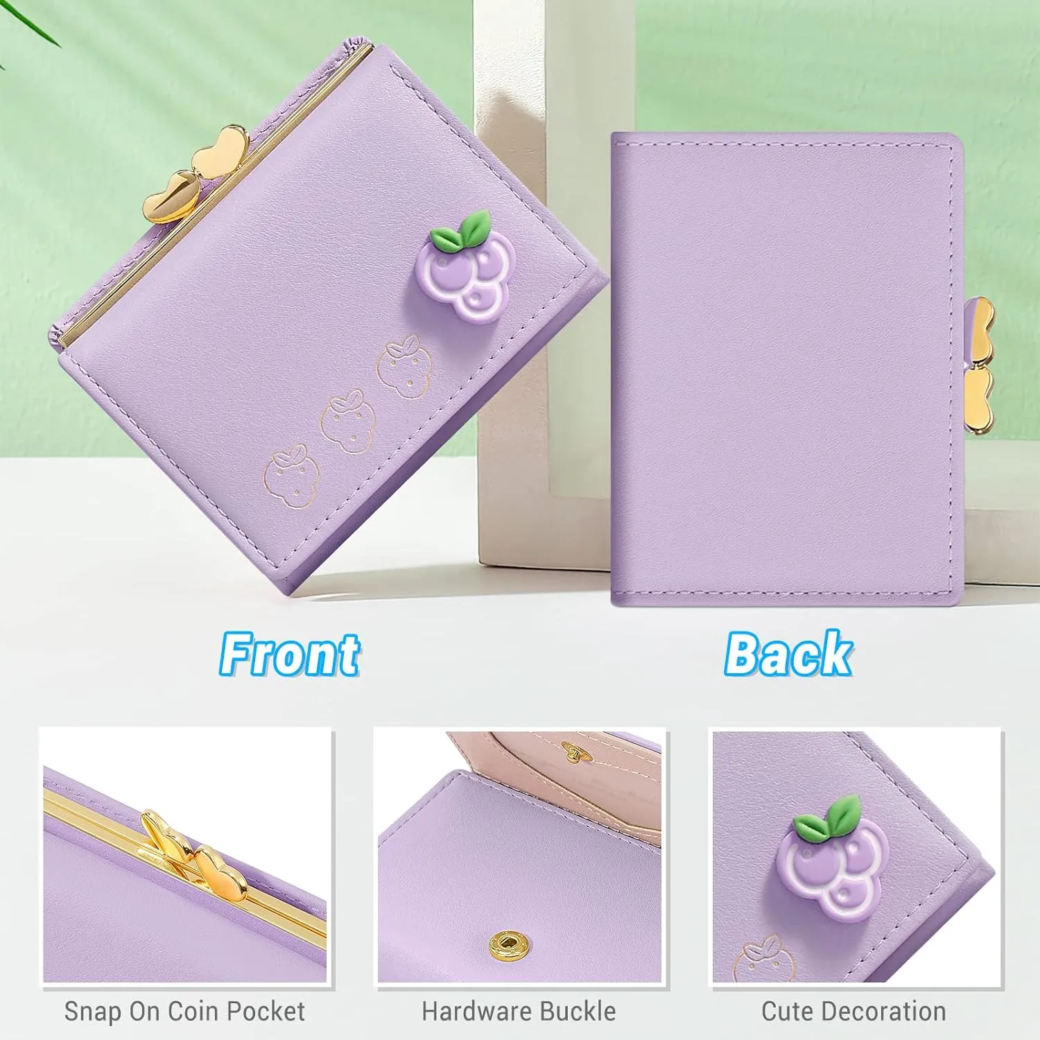 YINHEXI Women's Wallet, Lavender, Faux Leather, Water Resistant, Small Bifold with 7 Card Slots, 1 Cash Slot, 1 ID Window, 4.2" x 3" x 1.2"