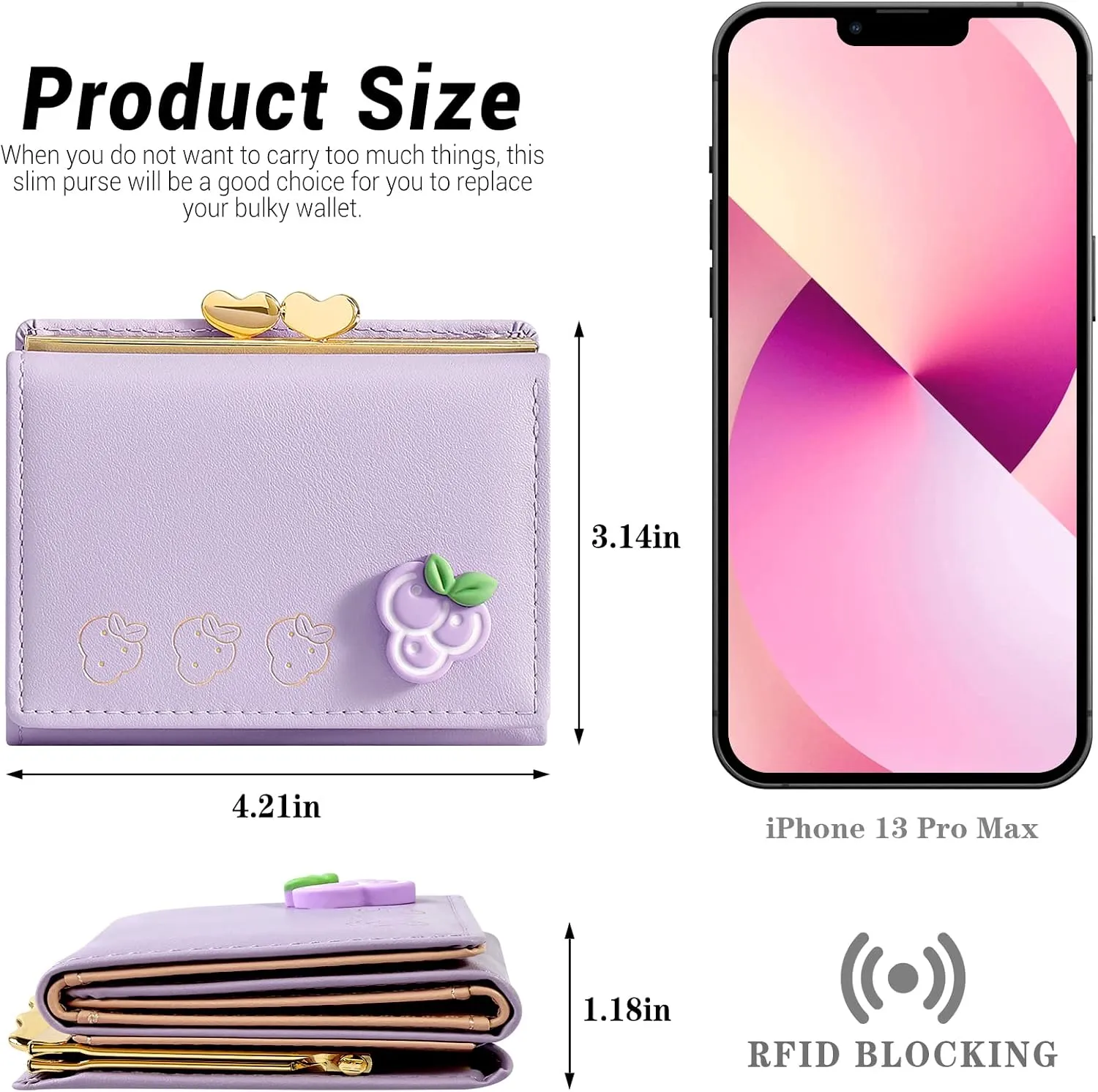 YINHEXI Women's Wallet, Lavender, Faux Leather, Water Resistant, Small Bifold with 7 Card Slots, 1 Cash Slot, 1 ID Window, 4.2" x 3" x 1.2"