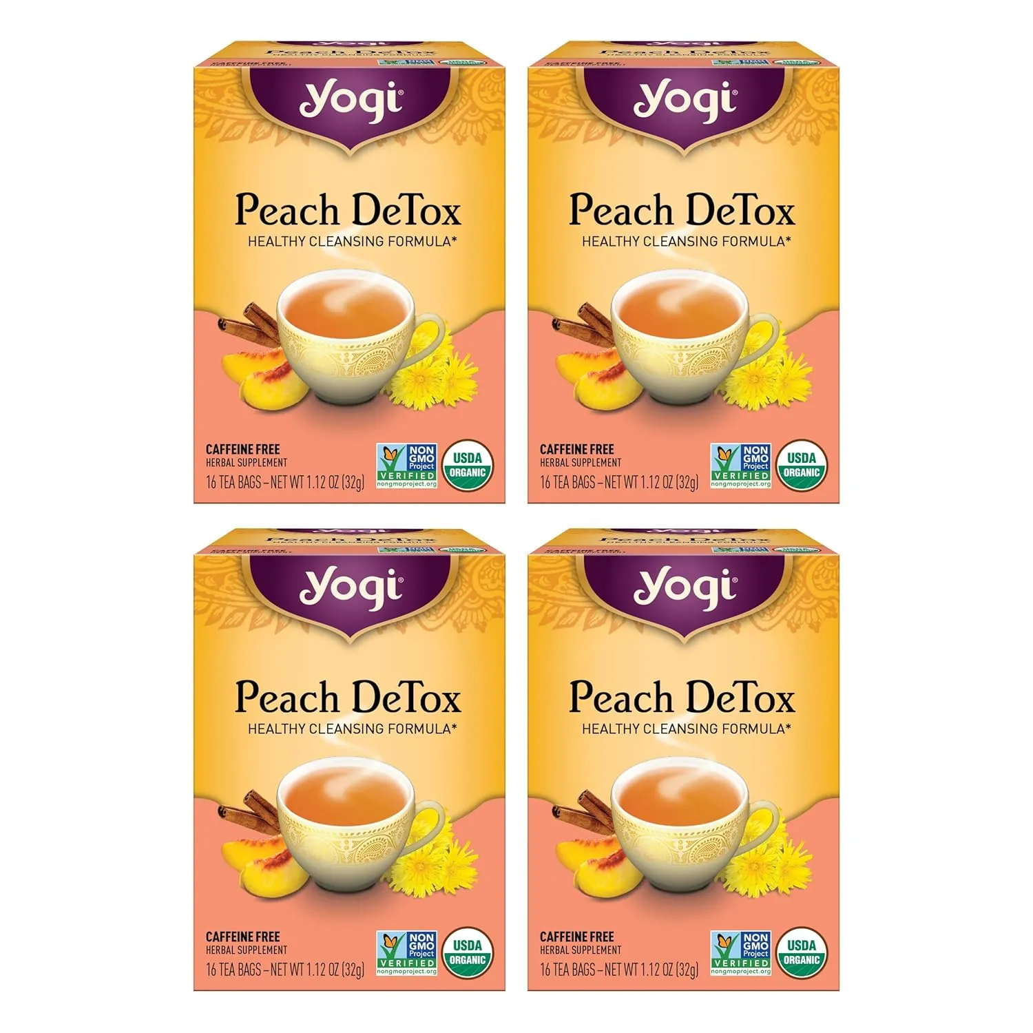 Yogi Tea Peach DeTox Tea - 16 Tea Bags per Pack (4 Packs) - Organic DeTox Tea to Feel Refreshed - Includes Cinnamon Bark, Ginger Root, Cardamom Pod, Burdock Root, Dandelion Root & More
