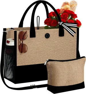 YOOLIFE Mothers Day Gifts - Initial Jute Tote Bag & Makeup Bag, Personalized Gifts for Women Mom Wife Teacher Friend Birthday