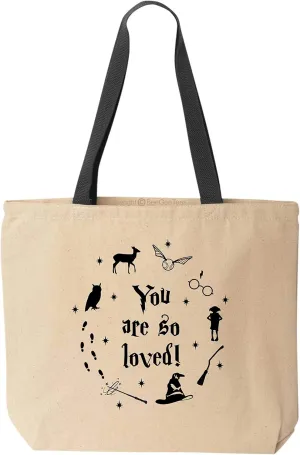 You Are So Loved Cute Wizard Reusable Canvas Funny Tote Bag (Black Handle)