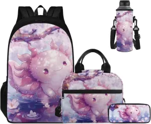 Ystardream Cu te Axolotl Backpacks for Girls 10-12 for School with Lunch Box Pencil Case 4 Pcs Set Toddler Secondary Elemenatry Back Packs with Animal Pattern Schoolbag for Kids Travel Daypack