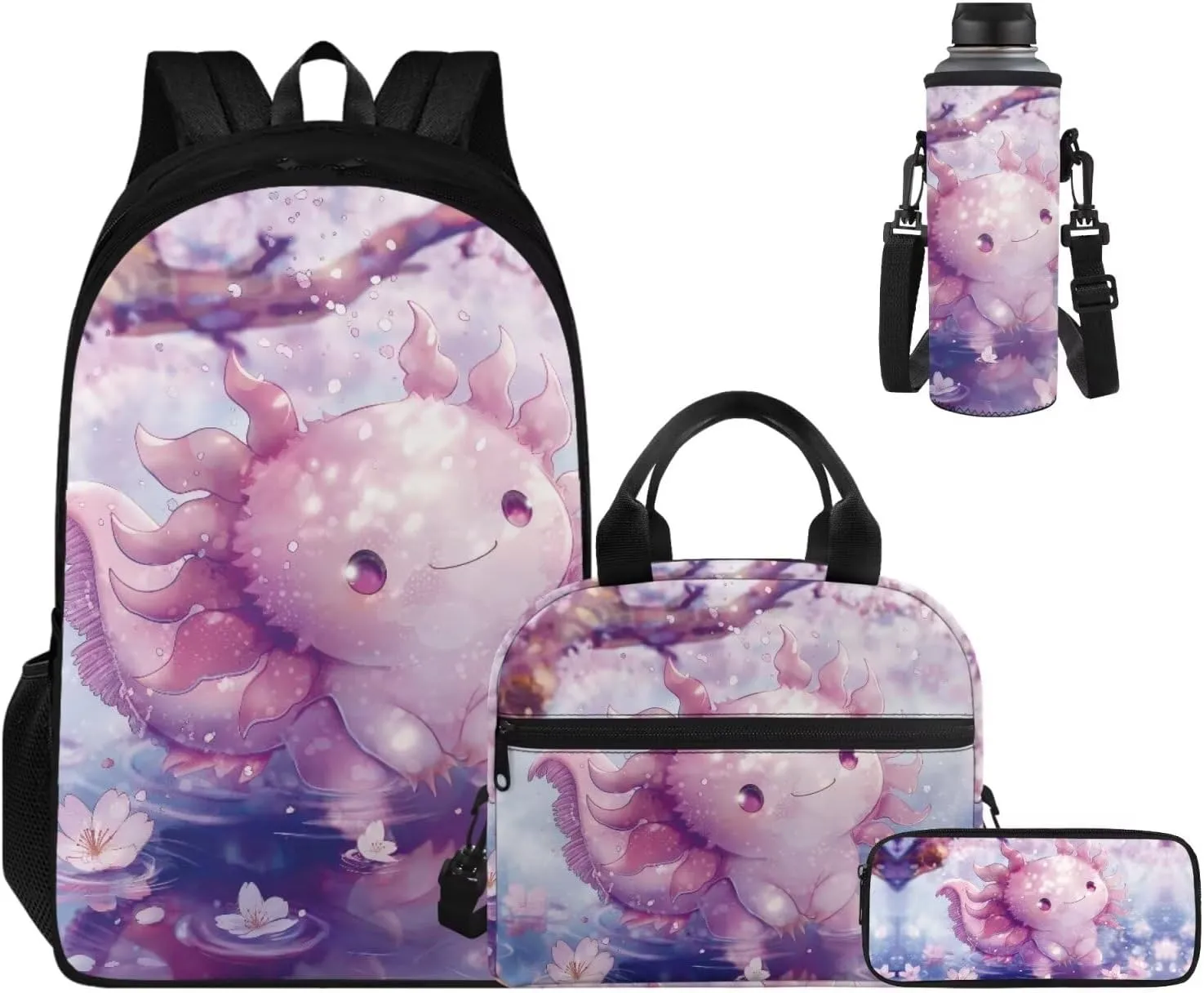 Ystardream Cu te Axolotl Backpacks for Girls 10-12 for School with Lunch Box Pencil Case 4 Pcs Set Toddler Secondary Elemenatry Back Packs with Animal Pattern Schoolbag for Kids Travel Daypack