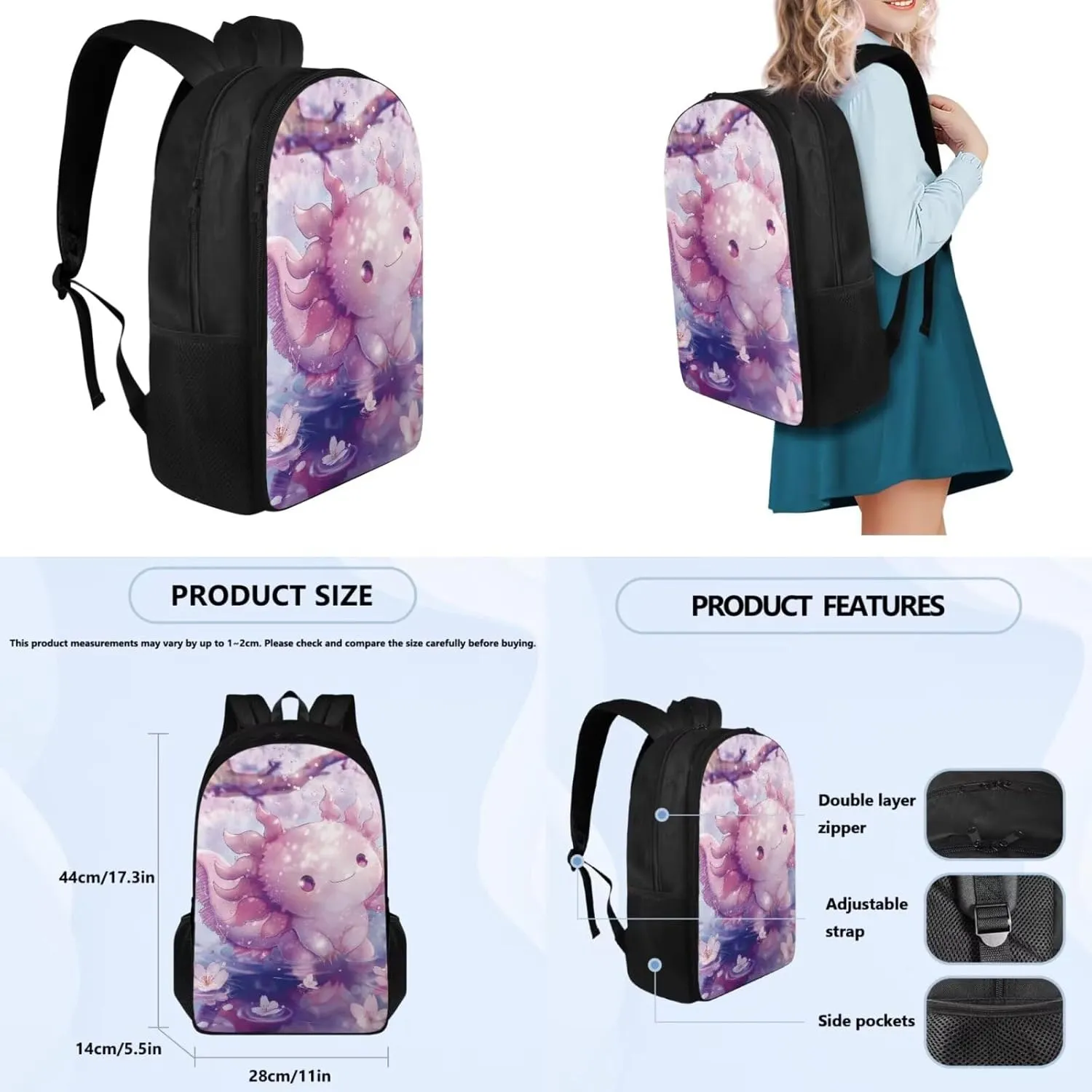 Ystardream Cu te Axolotl Backpacks for Girls 10-12 for School with Lunch Box Pencil Case 4 Pcs Set Toddler Secondary Elemenatry Back Packs with Animal Pattern Schoolbag for Kids Travel Daypack