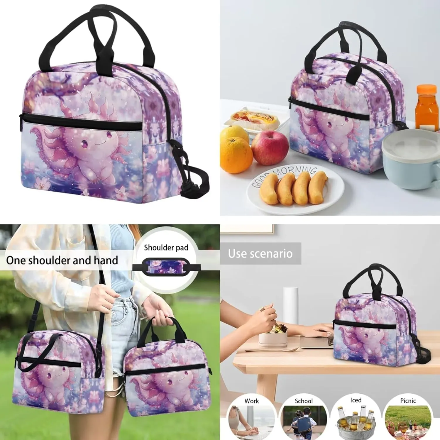 Ystardream Cu te Axolotl Backpacks for Girls 10-12 for School with Lunch Box Pencil Case 4 Pcs Set Toddler Secondary Elemenatry Back Packs with Animal Pattern Schoolbag for Kids Travel Daypack
