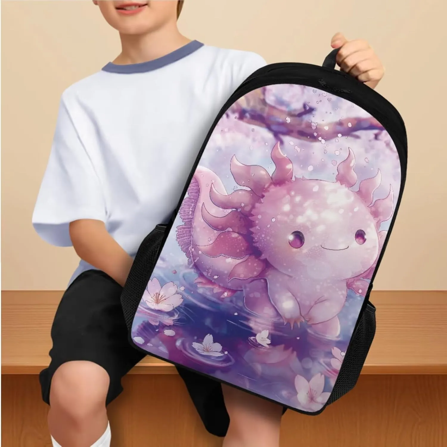 Ystardream Cu te Axolotl Backpacks for Girls 10-12 for School with Lunch Box Pencil Case 4 Pcs Set Toddler Secondary Elemenatry Back Packs with Animal Pattern Schoolbag for Kids Travel Daypack