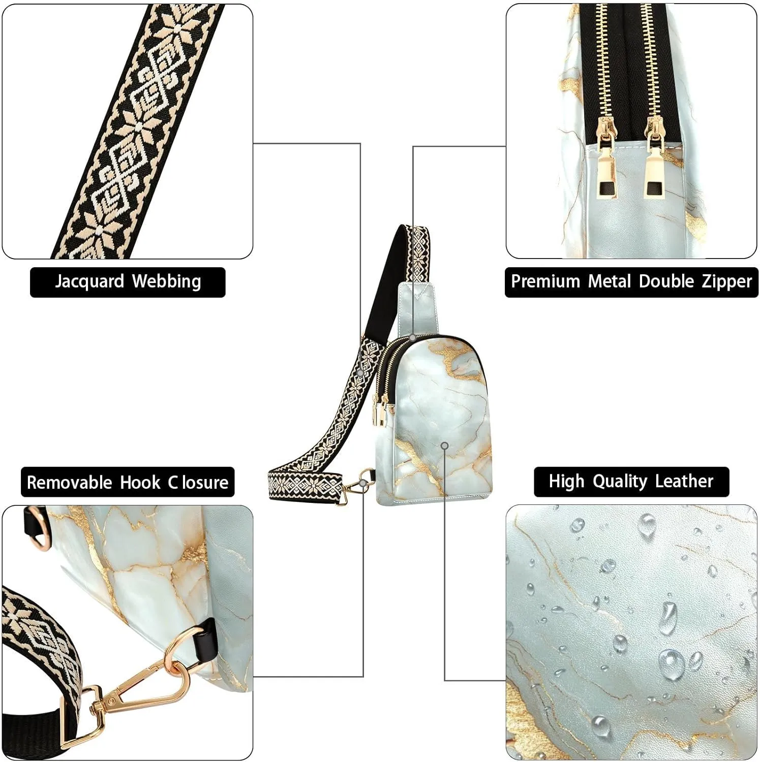 Yuiboo Trendy Marble White White Cross Body Bag Fashion Sling Bag for Women for Hiking