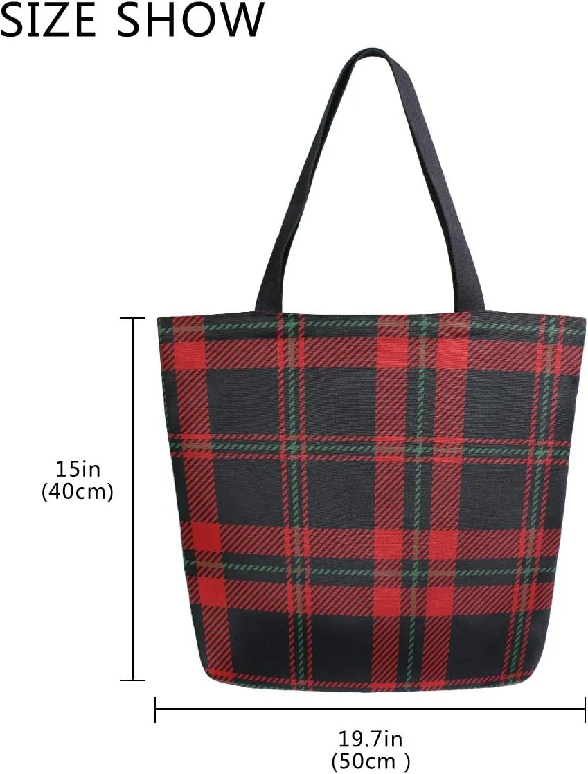 ZZXXB Christmas Plaid Reusable Grocery Shopping Bag Heavy Duty Canvas Tote Bag Large Collapsible Washable Handbag Shoulder for Women