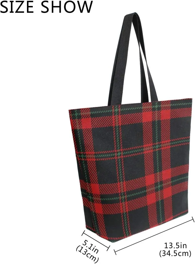ZZXXB Christmas Plaid Reusable Grocery Shopping Bag Heavy Duty Canvas Tote Bag Large Collapsible Washable Handbag Shoulder for Women