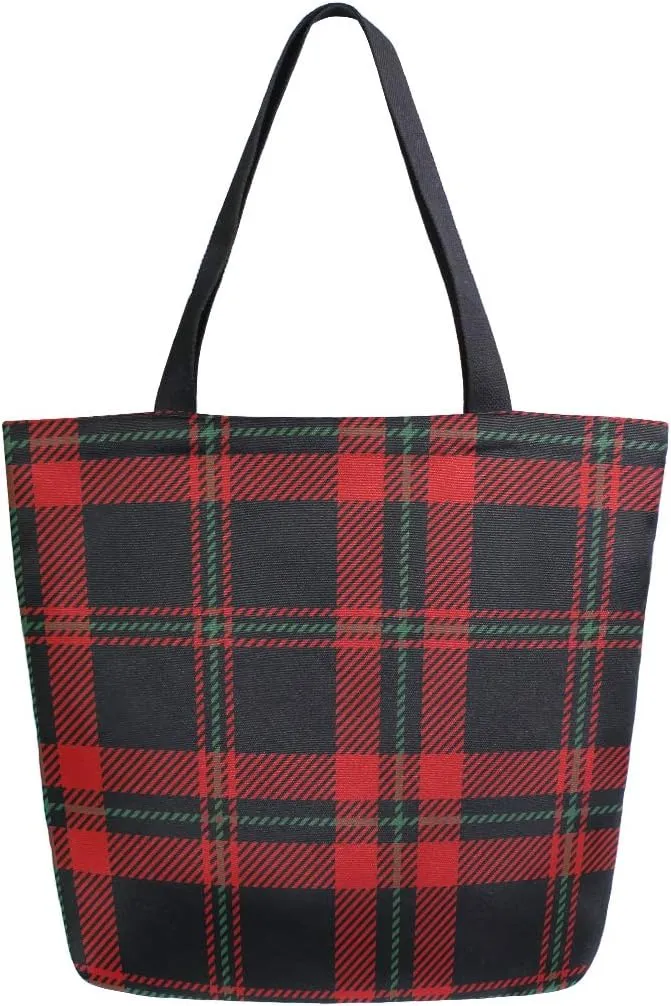 ZZXXB Christmas Plaid Reusable Grocery Shopping Bag Heavy Duty Canvas Tote Bag Large Collapsible Washable Handbag Shoulder for Women