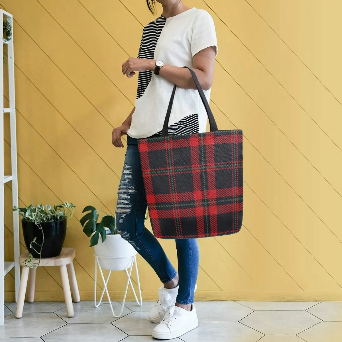 ZZXXB Christmas Plaid Reusable Grocery Shopping Bag Heavy Duty Canvas Tote Bag Large Collapsible Washable Handbag Shoulder for Women